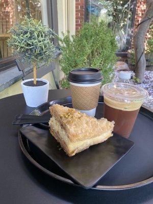 Baklava cheesecake, cold brew, Americano