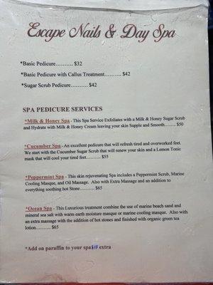 Pedicure price list