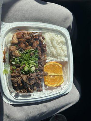 half and half box with a side of rice instead of salad! with green onion.