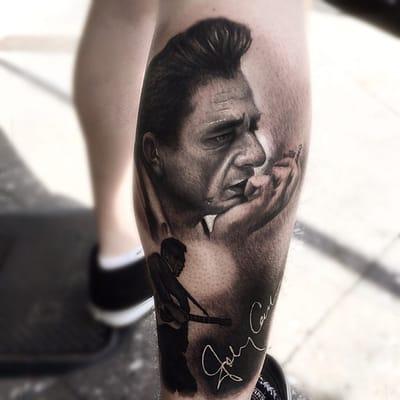 Johnny Cash portrait tattoo by Bror