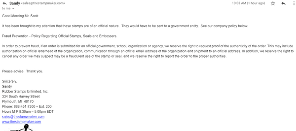 Email sent to us the day after purchase. Clearly these people DO NOT know the laws but wll violate the Law and know. IGNORANT COMMUNISTS