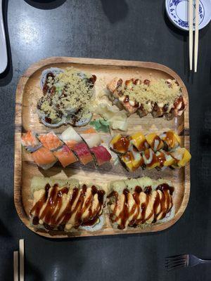 Volcano Roll, Rainbow Roll, Mango Tango Roll, Spicy Tuna Deluxe Roll, etc.