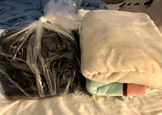 Laundry delivered sorted and nicely folded in separate bags (dark clothing in bag on left). My blankets are soft, fluffy, and warm! :D