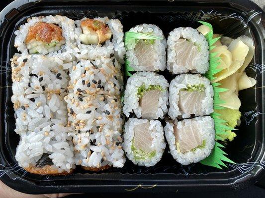 Lunch roll special. 2 rolls for $10? Sure! I picked spicy tuna and yellowtail scallion.