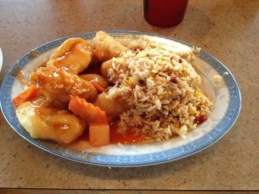 Sweet and sour chicken with pork fried rice.