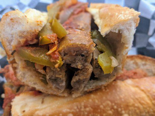 Take-out: Sausage, peppers, and onions sandwich