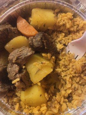 Rice and beans with a beef stew Latin style