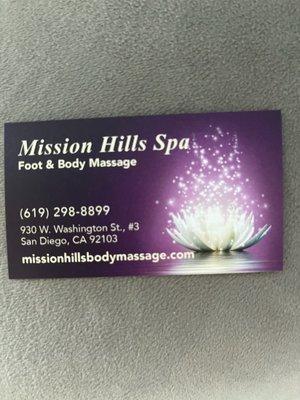 Mission Hills Spa business Card, on the back side, you can get 6th visit free