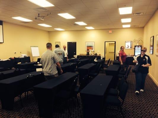 The actual meeting room-bathrooms in back and small fridge