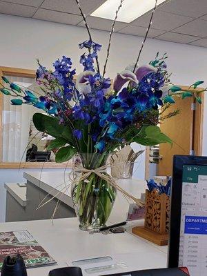 Purple calla lily's and blue bom Dendrobium Orchids