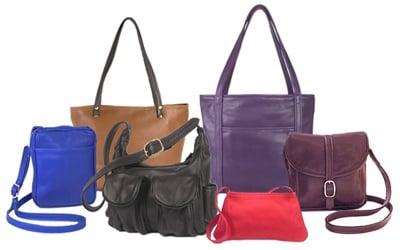 Selection of leather handbags, purses, messenger bags, and totes. Made in the USA.