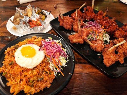 kimchi fried rice, fried chicken drumsticks