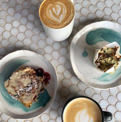 Berry ripple milk pie, ham quiche, vanilla latte, and caramel latte