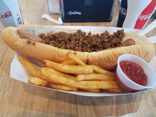 The footlong comes topped with tavern meat and a side of fries. Pretty solid spot that serves great broasted chicken and frozen treats, too.