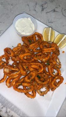 Buffalo fried calamari with crumbled blue cheese