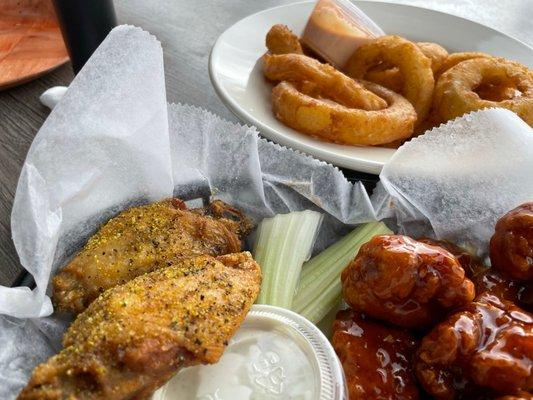 Wing combo and onion rings. Onion ring dipping sauce is so good!