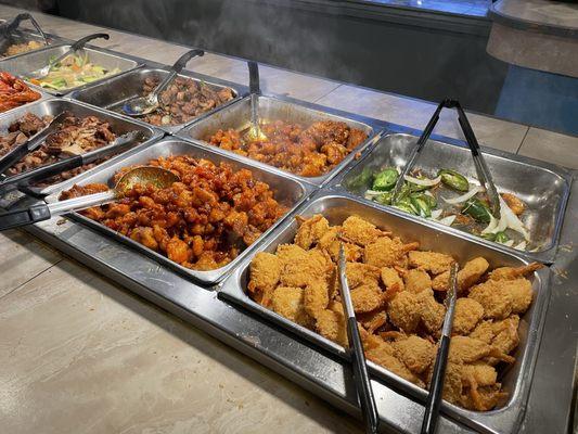 Fried shrimp, kung pow chicken, orange chicken