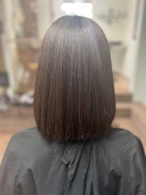 Bob haircut with textured ends.