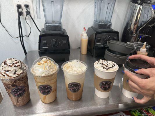 mocha frappe, caramel frappe, Iced bourbon, caramel breve, hot chocolat and hot latte peppermint mocha! come give it a try!