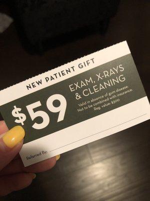 New patient promotion for a limited time. Jump in on it and you call and ask about their promotion!