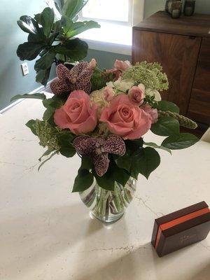 Bouquet and chocolates.