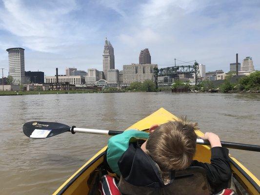 Beautiful Cleveland skyline as we head north. Someone need a break from rowing.