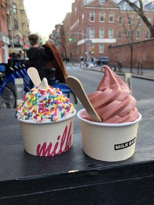 Cereal Milk Soft Serve with Sprinkles Red Velvet Soft Serve