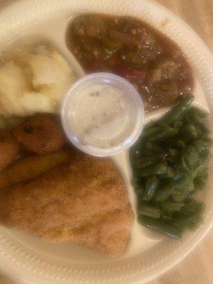 Fried fish, green beans, potatoes and okra.