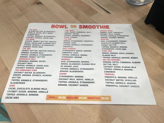 Menu smoothie & bowls