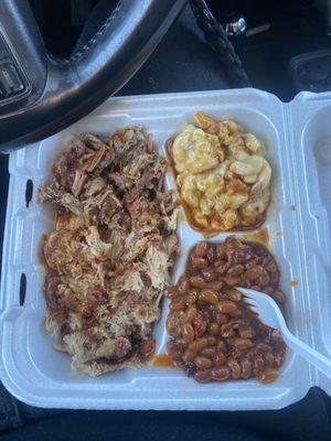 Pulled pork and brisket with smoked Mac and cheese and baked beans