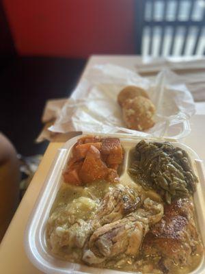 Baked dark meat chicken Rice Candied yams Green beans