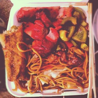 Two Item Combo: All Chow Mein, Pepper Steak (Top-Right), Chicken Teriyaki (Top-Left), and an Egg Roll.