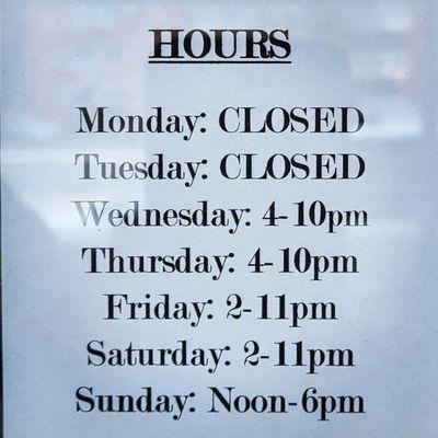 Current hours as of 4/3/22, but best confirm via website before visiting.