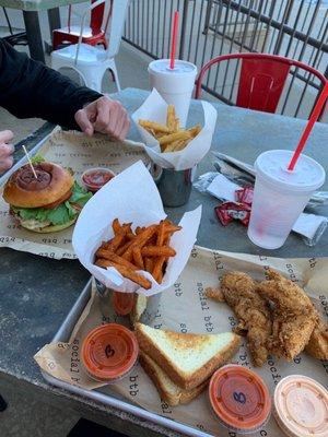 Tenders and Sweet Potato Fries! Cheeseburger and Salt & Vinegar Fries!!