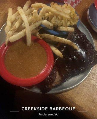 Rib Plate with Macaroni and Cheese, Fries, and Brunswick Stew