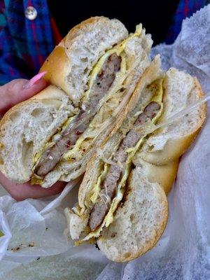 Sausage egg and pepper jack cheese on a plain bagel toasted