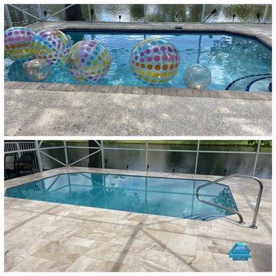 Diana royal sandblasted marble deck, glass pool tile and sky blue pool finish