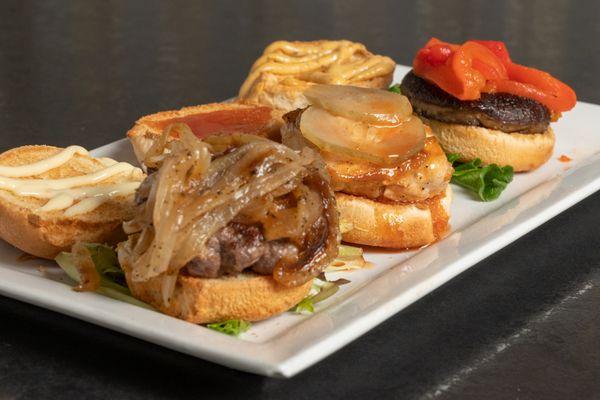 Our new Sliders! 100% Angus Beef, Grilled Chicken, and Portabella Mushroom!  Mix and match, or get thee of the same!