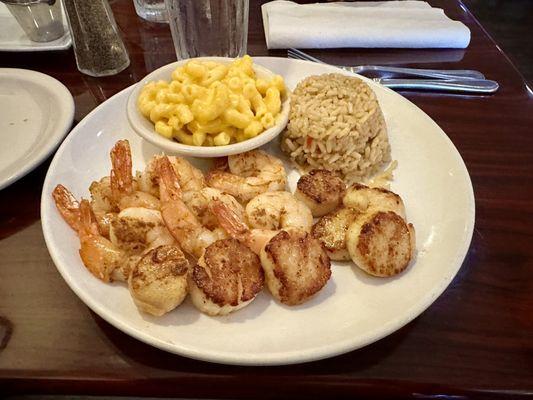 Shrimp and. Scallops with Mac and cheese and dirty rice