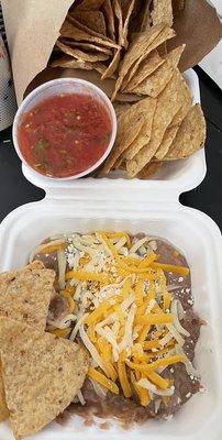 Side of beans and chips and salsa