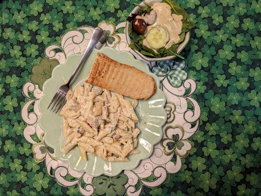 Chicken and penne with a garlic cream asiago sauce, fresh garlic bread and a side salad   (Bacon optional)