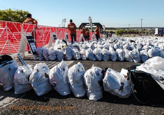 Clothes bags are standing by to be picked up before the run.