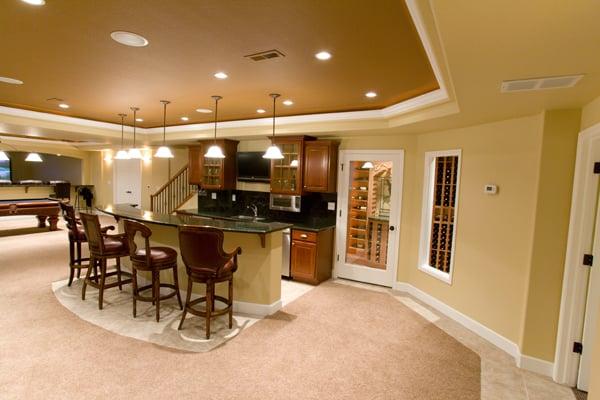 Downstairs wet bar and game room, compete with wine cellar and pool table