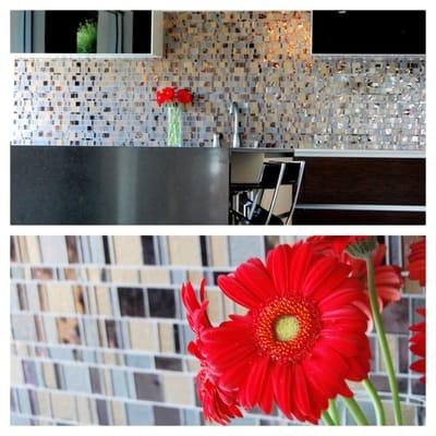 Raven Caesarstone 
 & Glass Mosaic Backsplash
 WalkOn Tile