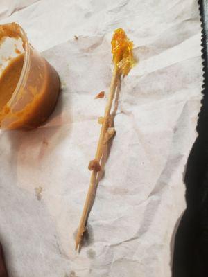 Toothpick found in my chicken burrito from Tom's jr.  In Lynwood, Calif.