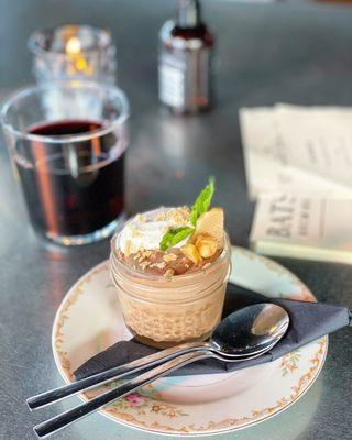 Chocolate mousse and a giant glass of "house red"