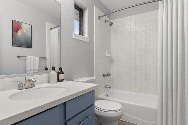 bathroom, step in shower/tub, single sink in front of mirror