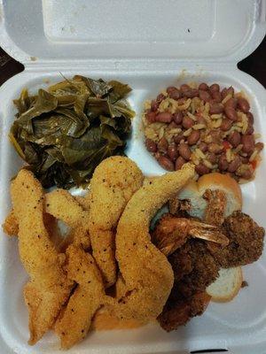 Fish and shrimp with collard greens and red beans and rice