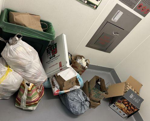 Constant dirty garbage room due to its broken trash chute door which is leading to a building cockroach infestation.