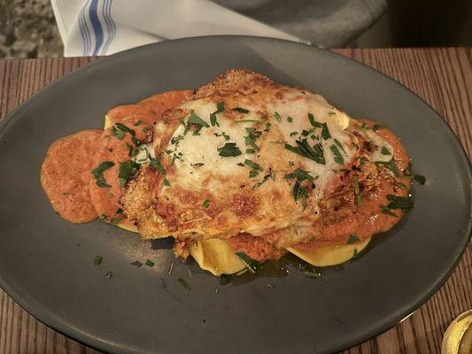 Chicken Parm over ravioli with vodka sauce. Excellent.